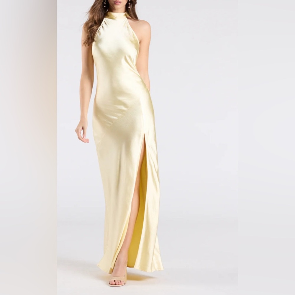 Andie Halter Open Back Slit Satin Formal Dress NWT